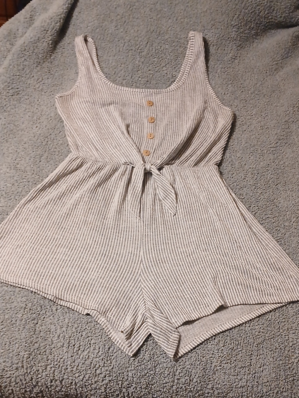 Striped Tie-Front Romper in Light Gray/White Stripes